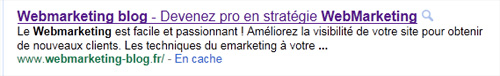 résultats de recherche pour Webmarketing-blog.fr sur Google