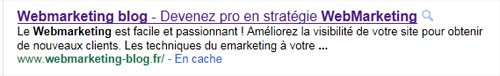 résultats de recherche pour Webmarketing-blog.fr sur Google